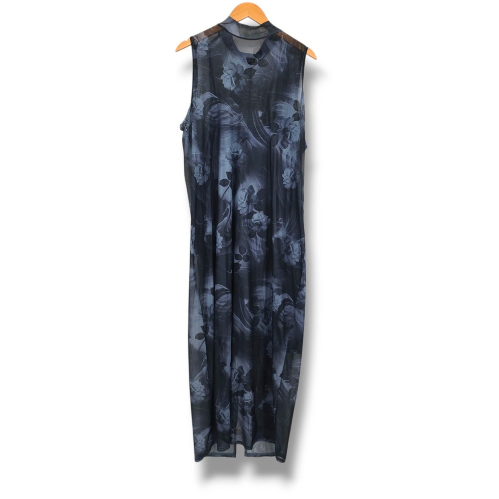 Torrid Womens Plus Size 2 Blue Black Floral Sheer Mesh Mock Neck Maxi Dress